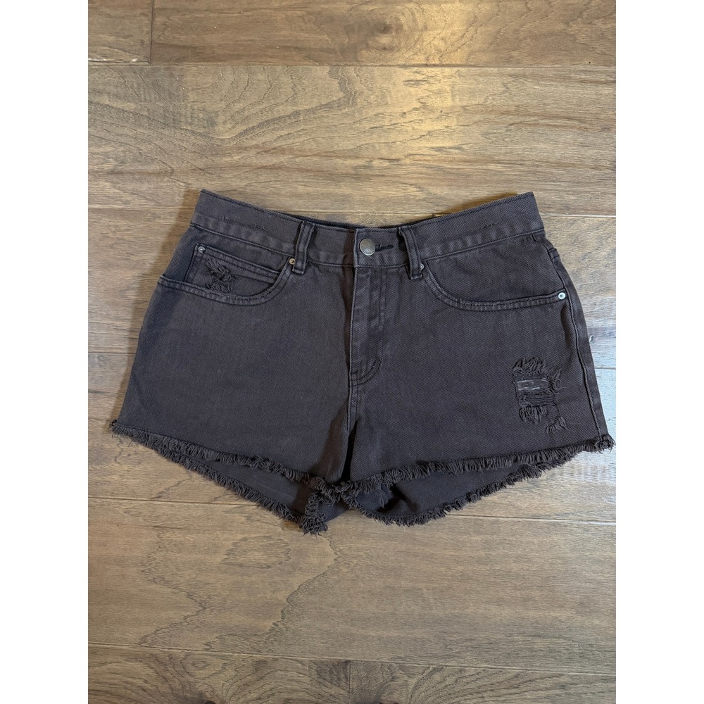 Billabong Distressed Frayed Denim Shorts Faded Black High Rise Cut Offs Size 27